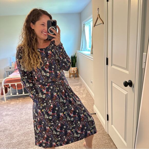 Boden Gray Blue Floral Jersey Long Sleeve MIDI Dress 12 - Picture 4 of 12